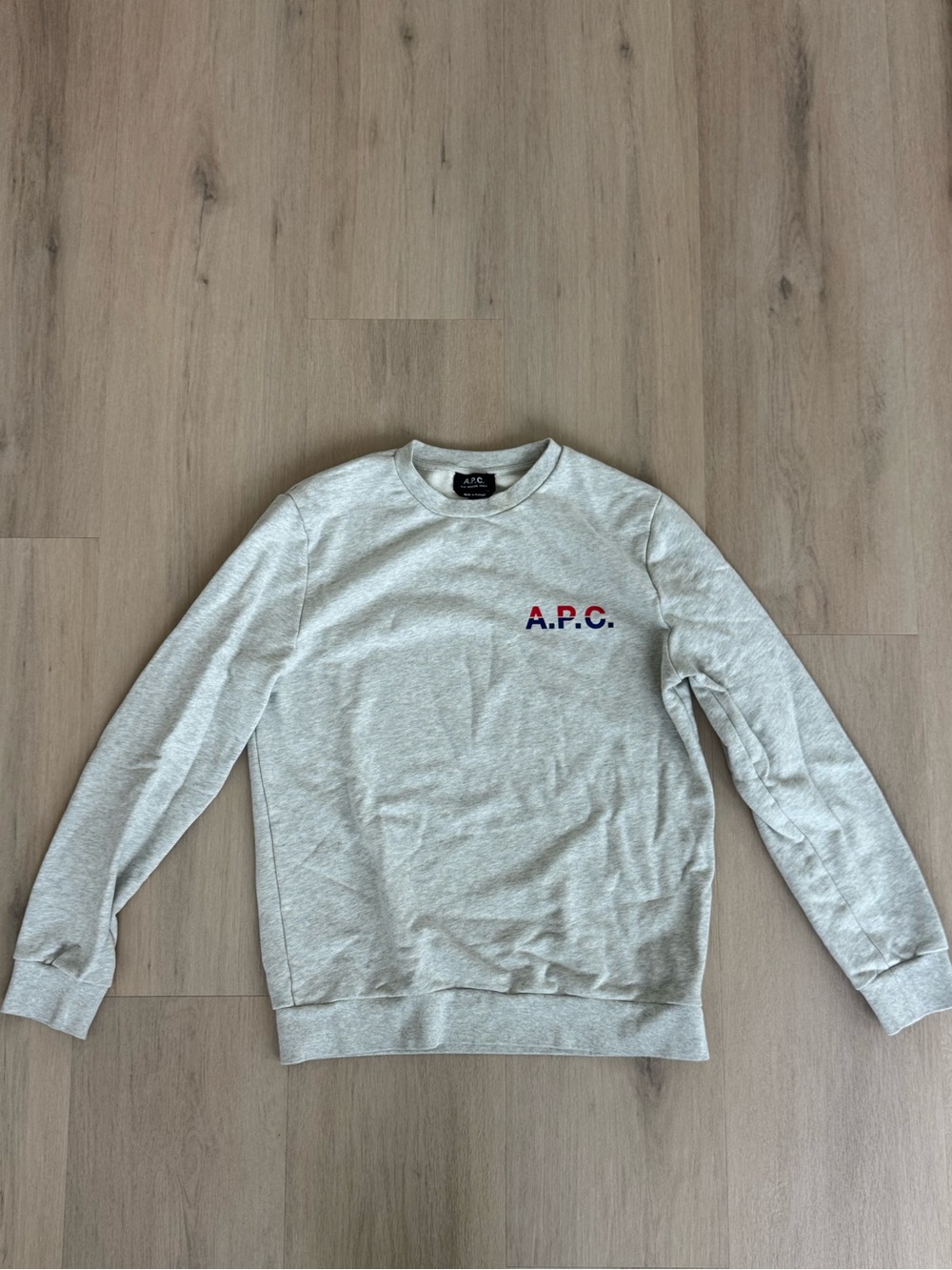 A.P.C. Light Gray Crewneck Sweatshirt with Red & Blue Logo